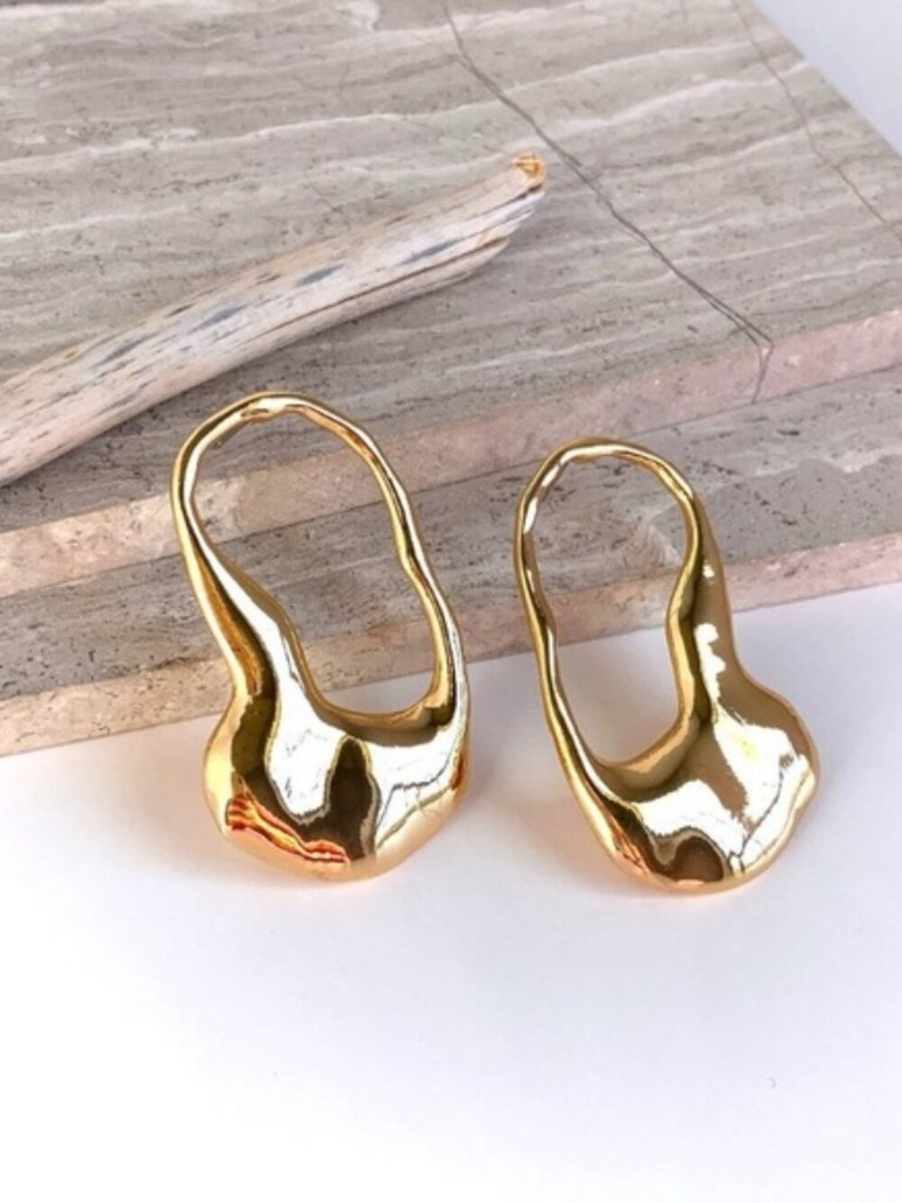 Women's 18K Gold Plated Molten Lava Hoop Earrings Organic Textured Chunky